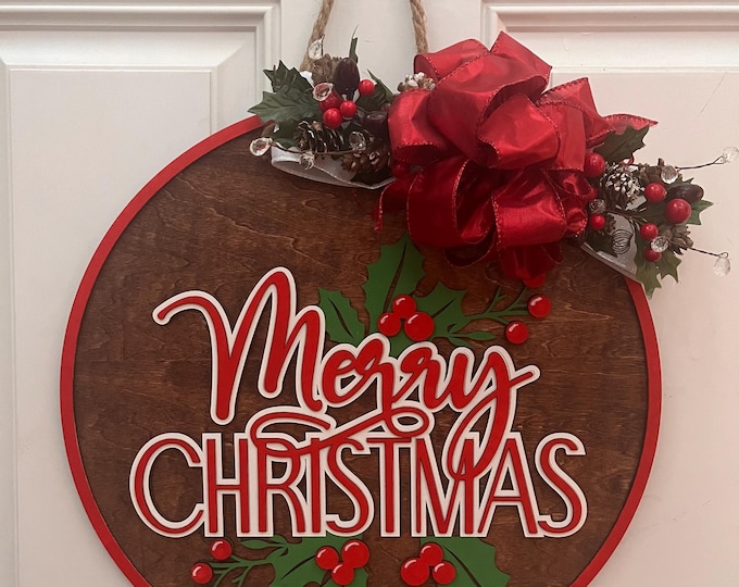 Merry Christmas | Front Door Decor | Holly Leaves | Christmas Berries | Front Porch Sign | Wall Art | Office Door | Holiday Season Wreath