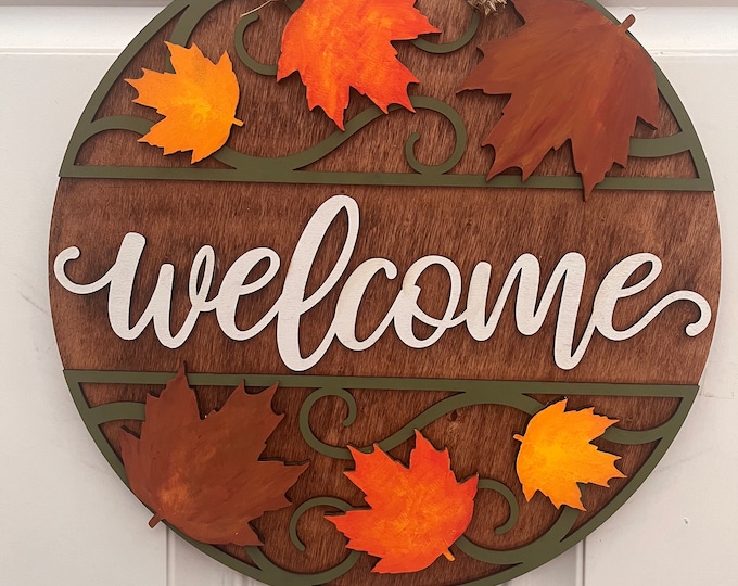 Welcome | Front Door Decor | Fall or Thanksgiving Door Hanger | Front Porch Sign | Wall Art | Fall Wreath | Maple Leaf