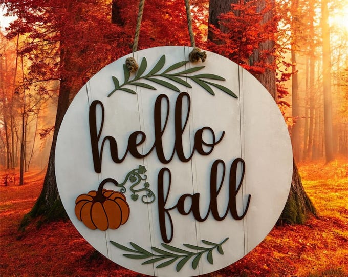 Fall Door Hanger – Hello Fall Wooden Sign, Farmhouse Pumpkin Front Door Decor, Thanksgiving Door Wreath Alternative