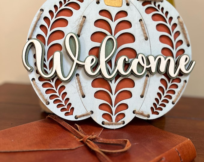 Welcome - Front Door Decor - Fall Pumpkin Door Hanger - Front Porch Sign - Wall Art - Wall Sign