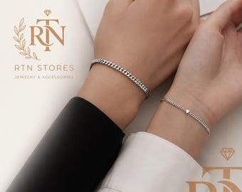 Sterling Silver Couples Bracelet Set, Dainty Crystal Heart, Adjustable (925 Silver or 14K Gold)
