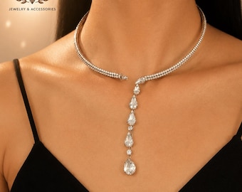 Crystal Teardrop Tassel Choker – Silver Y Necklace, Elegant Bridal Jewelry for Evening Dress