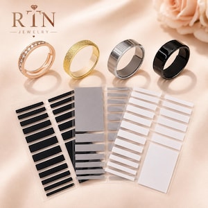 May include: Four rings in rose gold with crystals, textured gold, brushed silver, and polished black metal. Below are clear adhesive sheets with black, silver, and white rectangular ring size adjusters to reduce the inner diameter of rings.