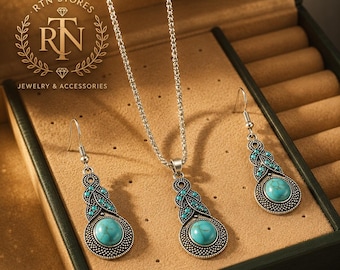 Turquoise Jewelry Set | Blue Crystal Necklace & Earrings | Vintage Gift