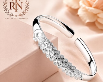 925 Sterling Silver Peacock Bracelet | Open Cuff Bangle | Elegant Peacock Jewelry Gift for Her