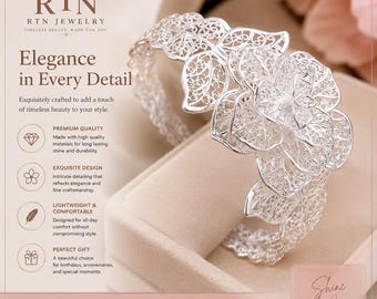 925 Sterling Silver Filigree Floral Bangle | Hollow Cuff Bracelet (18mm Wide)