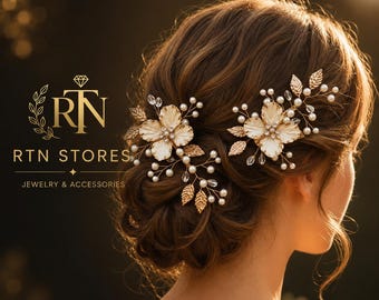 Pearl Flower Hair Clip | Gold Leaf Bridal Hair Accessory | Wedding Headpiece
