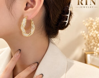 Gold Rhinestone Hoop Earrings | Twisted Mesh Mobius Earrings | Vintage Statement Jewelry for Women