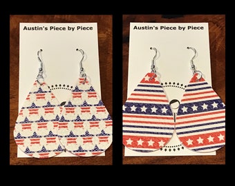 Patriotic Red White Blue Stars Stripes Faux Leather Earrings
