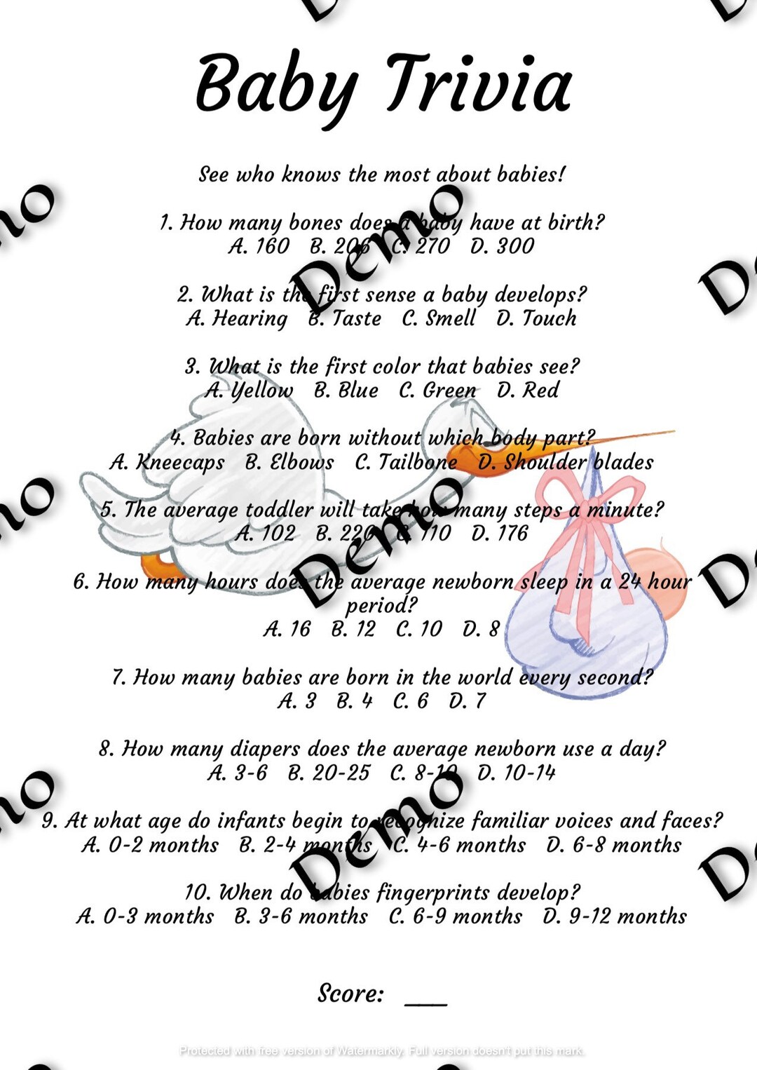 Baby Trivia Game Baby Shower Game Baby Shower Instant Download