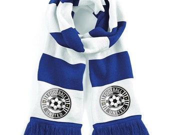 Blue And White Personalised Football Scarf For Your Team - Printed Full Colour Badge - Your Team - football team scarf - scarf with badge