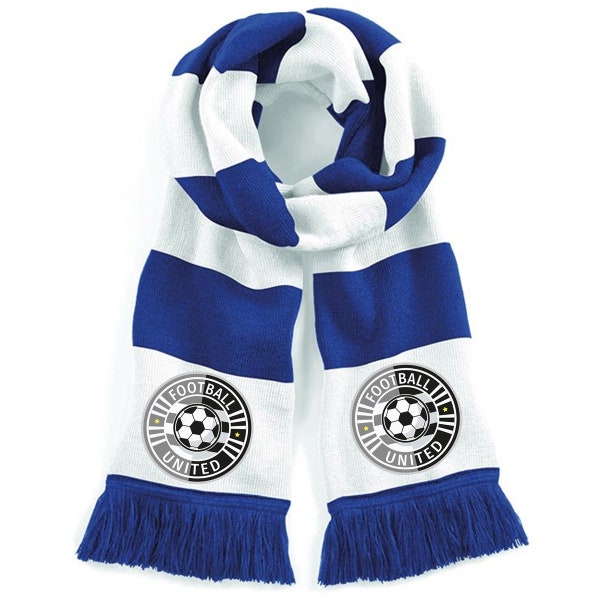 Blue And White Personalised Football Scarf For Your Team - Printed Full Colour Badge - Your Team - football team scarf - scarf with badge