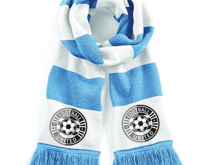 Sky Blue And White Personalised Football Scarf For Your Team - Printed Full Colour Badge - Your Team - football team scarf-scarf with badge