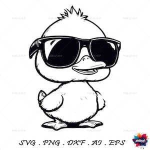 Eend met zonnebril Svg en png, rubberen eend clipart, eend vector afbeelding, badeend silhouet, sublimatie ontwerp, eend gesneden bestand S784L