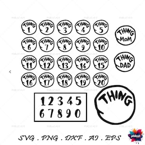 Könnte beinhalten: Schwarzweißes druckbares Design von 20 Thing 1 und Thing 2 Charakteren aus dem Buch 'Der Kater mit Hut'. Die Charaktere sind von 1 bis 20 nummeriert. Das Design enthält auch einen großen Thing 1 und Thing 2 Charakter mit dem Wort 'Thing' darin. Die Zahlen 1 bis 10 und 6 bis 9 sind ebenfalls im Design enthalten.