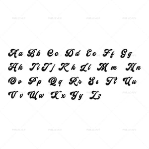 May include: A black and white alphabet in a stylized font. The letters are in a cursive style with a rounded, flowing design.