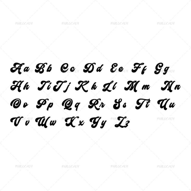 May include: A black and white alphabet in a stylized font. The letters are in a cursive style with a rounded, flowing design.