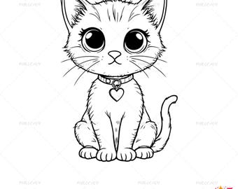 Cute Cat Coloring Pages SVG Set, Kitten Line Art, Animal Outline Clipart, Pet Coloring Book Pages, Cat Drawing, Kawaii Kitties