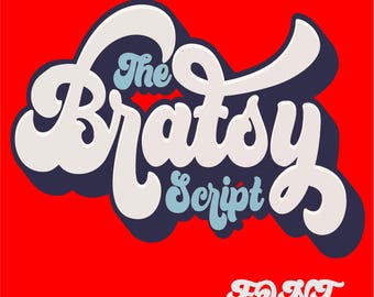 May include: A retro-style graphic on a red background. The design features the words "The Bratsy Script" in a stylized, white, and blue font with a dark blue shadow. The word "FONT" is at the bottom.