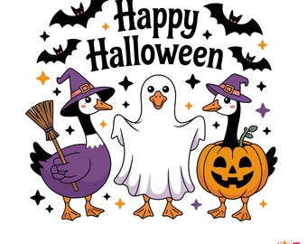 Goose Happy Halloween SVG, Cute Duck Cut Files, Witch Ghost Pumpkin Png, Halloween Animal Cricut Silhouette Bundle