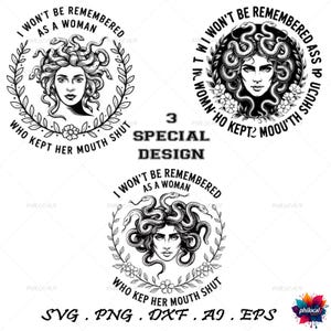 Pacote Medusa SVG, Arquivos de corte I Wont Be Remembered, Mulher empoderada PNG, Arte feminista