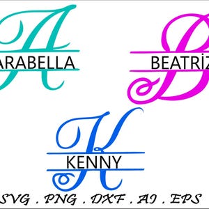 May include: Three split monogram designs with a name written below each letter. The first design is a teal "A" with the name "Arabella" below. The second design is a pink "B" with the name "Beatriz" below. The third design is a blue "K" with the name "Kenny" below.