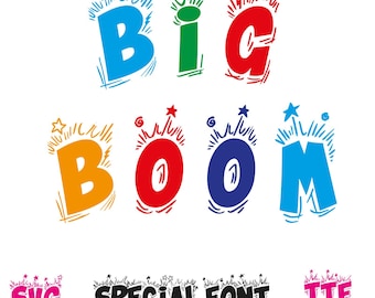 May include: Colorful graphic design featuring the words "Big Boom" in bold, stylized letters. The letters are in various colors, including blue, green, red, orange, and blue. The design includes starburst and star accents.