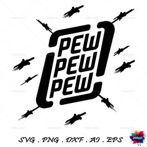 Könnte beinhalten: Schwarz-weißes Grafikdesign mit dem Text "PEW PEW PEW" in einer quadratischen Form. Das Design ist von kleinen schwarzen und weißen Raumschiff-Silhouetten umgeben.