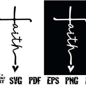 Könnte beinhalten: Schwarzweißes Grafikdesign eines Kreuzes mit dem Wort "Glaube" vertikal in der Mitte des Kreuzes geschrieben.