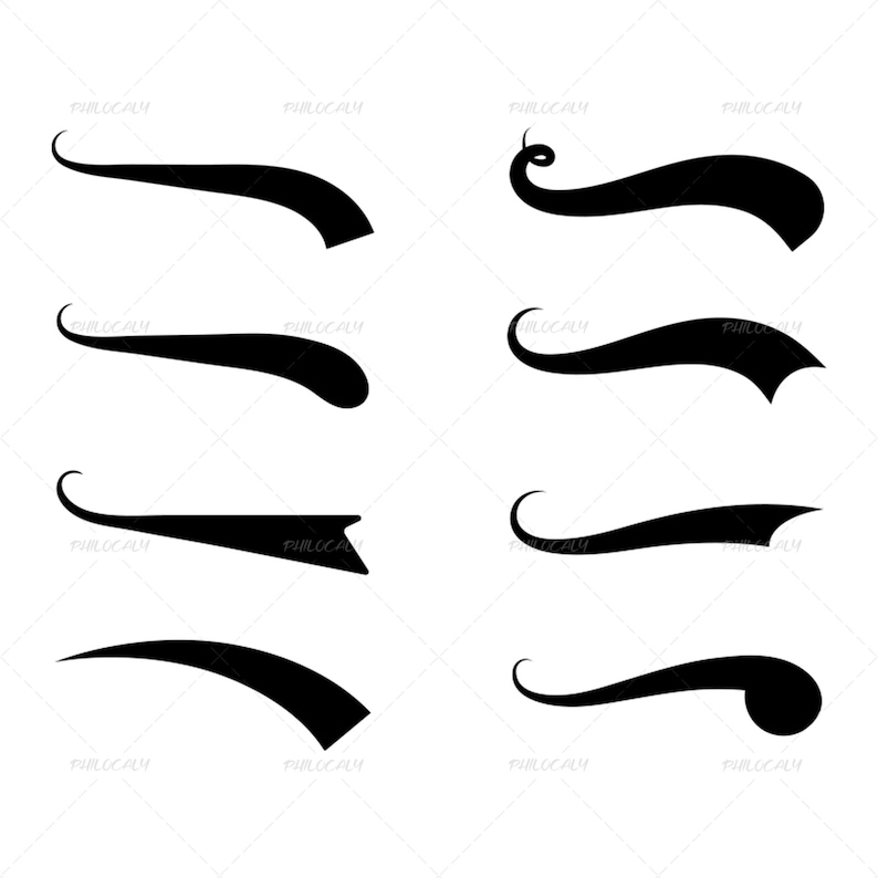 May include: Set of eight black and white stylized swoosh shapes, perfect for adding a dynamic element to your designs.