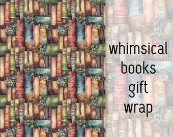Whimsical Books Wrapping Paper, Custom Gift Giving, Papers, Gift Wrap, For Her, Birthday, Present, Day Gift, Book Lovers, Presents, Bookworm