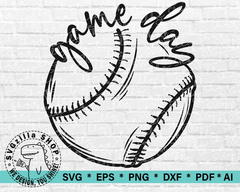 Op de afbeelding: Zwart-witte illustratie van een honkbal met de woorden "game day" in een handschrift.