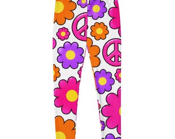 Women's Flower Power Peace Sign Leggings White Retro 60s 70s Floral Hippie Pants