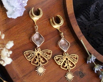 4g-25mm Celestial Sunny Lunar Moth Glass Dangle Plug l   Witchy Whimsigoth Earrings  l  Women’s Gift