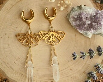 Gold Lunar Moth Quartz Dangle Plugs, Whimsigoth Celestial Earrings