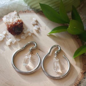 May include: A pair of silver-colored, curved earrings with a clear crystal pendant. The earrings are circular with a hook design. The crystals are clear and rectangular. The earrings are displayed on a wooden surface.