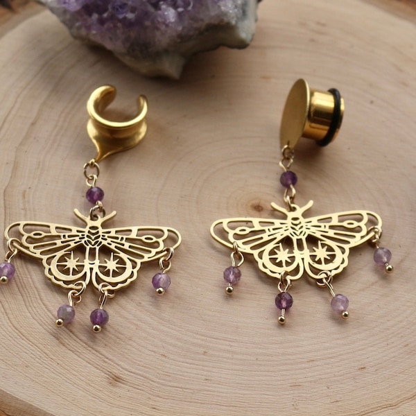 4g-25mm Gorgeous Gold Lunar Moth Amethyst Chandelier Dangle Plugs  l  Whimsigoth Boho Celestial  l  Witchy Earrings