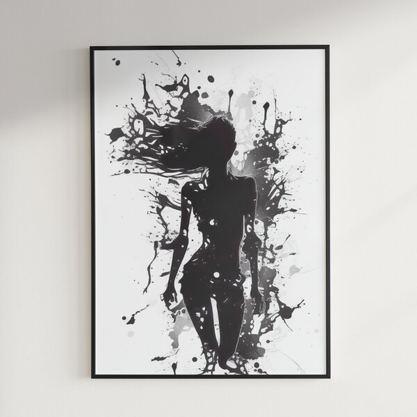 Abstract Ink Blot Female Body Digital Print, Black and White Silhouette Art, Mystical Wall Decor, Unique Gift Idea