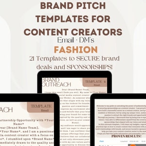 May include: A laptop screen displaying a digital marketing guide for content creators on how to secure brand deals and sponsorships. The guide is titled "Brand Pitch Templates for Content Creators: Email + DM's - Fashion". The guide includes 21 templates and is designed to help creators secure brand deals and sponsorships.