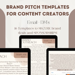 May include: A digital marketing guide for content creators on how to secure brand deals and sponsorships. The guide includes 16 templates for email and direct messages. The guide is titled "Brand Outreach" and features a light brown background with white text.