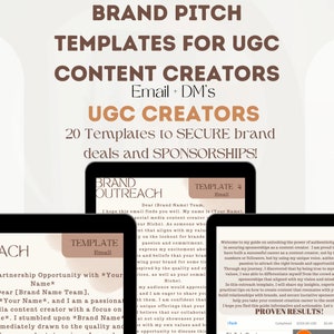 May include: A laptop screen displaying a guide for content creators on securing brand deals and sponsorships. The guide includes email templates and tips for reaching out to brands. The text on the screen reads "Brand Outreach", "Template 4", "Email", "Welcome to my guide on unlocking the power of authenticity in securing sponsorships as a content creator." and "Proven Results!"
