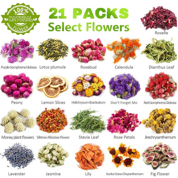 100% Natural Dried Herbs kit for Candle soap Making, 21 Pack Dried Flowers, Bulk Flowers