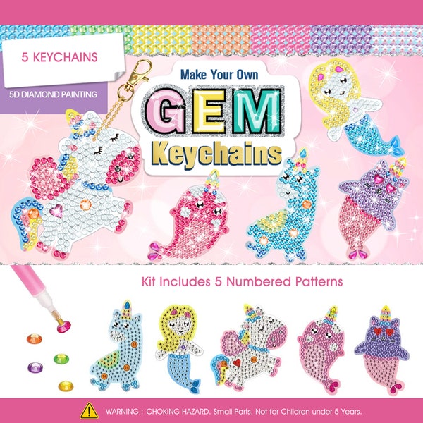 DIY 5D Diamond Gem Painting by Numbers Key chain Kit - Make Your own 5D Gem Keychains