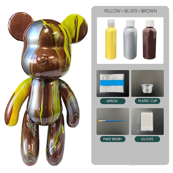 7" Pour Over Acrylic Fluid Paint Bear Kit Easy DIY Create Customize Art and Craft Non-Toxic Kits for Boys and Girls