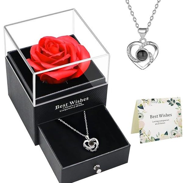 Preserved Red Rose with Love You Necklace in 100 Languages gift set, Anniversary, Valentine's, Birthday Gifts, Mother's Day, Christmas