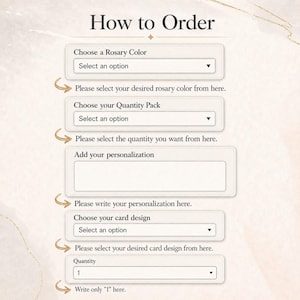 May include: An instructional graphic titled How to Order with dropdown menus for selecting a rosary color, quantity pack, card design, and a text box for personalization. Each section includes a small arrow icon and descriptive text instructions.