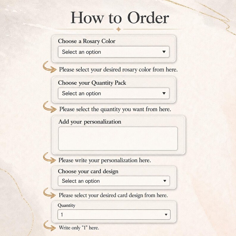 May include: An instructional graphic titled How to Order with dropdown menus for selecting a rosary color, quantity pack, card design, and a text box for personalization. Each section includes a small arrow icon and descriptive text instructions.