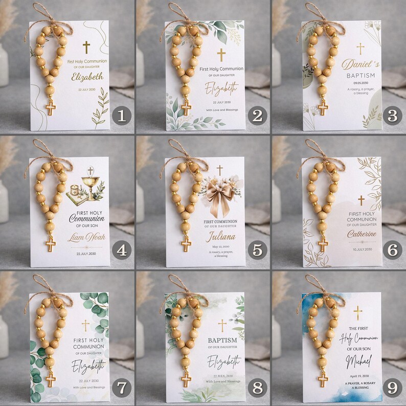May include: A collection of nine rectangular cards featuring wooden bead rosaries with gold crosses tied with twine. Each card displays religious text, dates, and names like Elizabeth, Daniel, Liam Noah, Juliana, Catherine, and Michael with floral motifs.