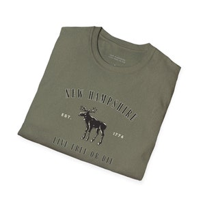 Camiseta de New Hampshire - Vive libre o muere - Est. 1776 - Estilo suave - NH - 603 - Senderismo - Pesca - Acampada - Montañas Blancas