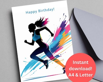 May include: Happy Birthday! Printable card featuring a silhouette of a person running with colorful paint splatters in the background. The card is available in A4 and Letter sizes.